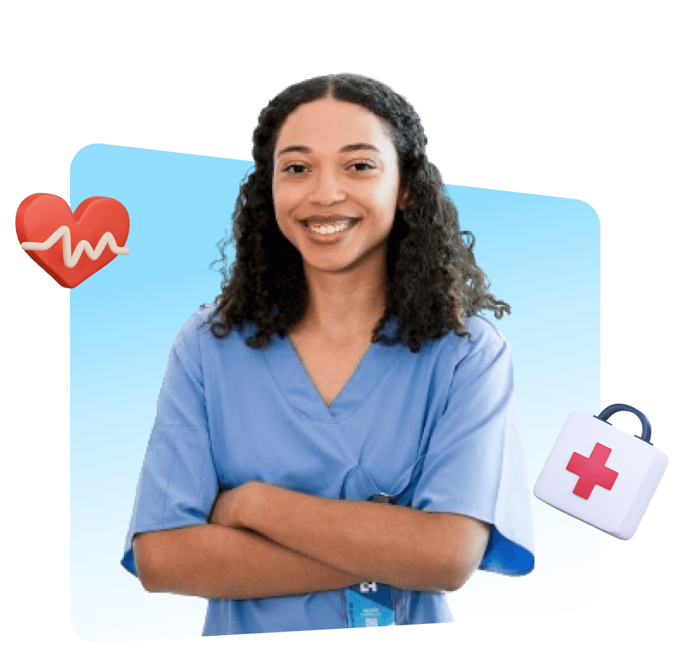 A nurse with crossed arms and a heart symbolizes care and compassion